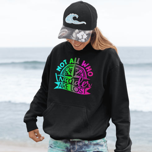 This hoodie features a stunning colorful gradient graphic that will make you stand out on your outdoor escapades. With the inspiring saying "Not All Who Wander Are Lost" emblazoned across the front, this hoodie is not just a piece of clothing, but a statement of your adventurous spirit and love for exploration.