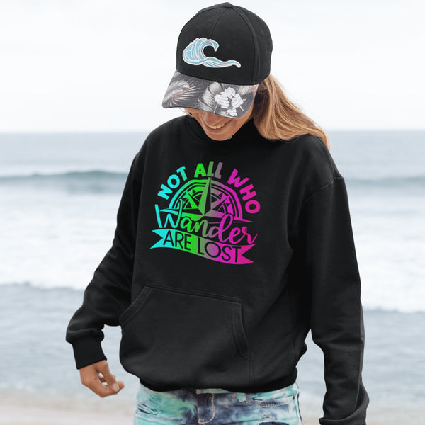 This hoodie features a stunning colorful gradient graphic that will make you stand out on your outdoor escapades. With the inspiring saying "Not All Who Wander Are Lost" emblazoned across the front, this hoodie is not just a piece of clothing, but a statement of your adventurous spirit and love for exploration.
