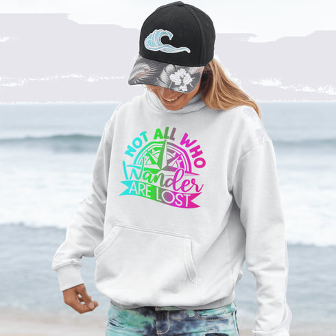 This hoodie features a stunning colorful gradient graphic that will make you stand out on your outdoor escapades. With the inspiring saying "Not All Who Wander Are Lost" emblazoned across the front, this hoodie is not just a piece of clothing, but a statement of your adventurous spirit and love for exploration.