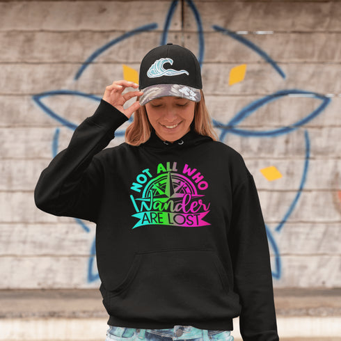 This hoodie features a stunning colorful gradient graphic that will make you stand out on your outdoor escapades. With the inspiring saying "Not All Who Wander Are Lost" emblazoned across the front, this hoodie is not just a piece of clothing, but a statement of your adventurous spirit and love for exploration.