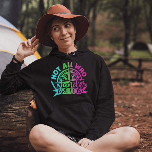 This hoodie features a stunning colorful gradient graphic that will make you stand out on your outdoor escapades. With the inspiring saying "Not All Who Wander Are Lost" emblazoned across the front, this hoodie is not just a piece of clothing, but a statement of your adventurous spirit and love for exploration.