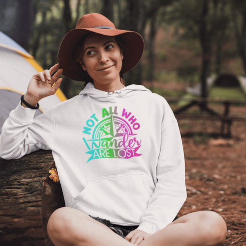 This hoodie features a stunning colorful gradient graphic that will make you stand out on your outdoor escapades. With the inspiring saying "Not All Who Wander Are Lost" emblazoned across the front, this hoodie is not just a piece of clothing, but a statement of your adventurous spirit and love for exploration.
