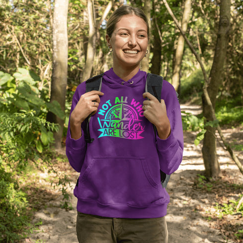 This hoodie features a stunning colorful gradient graphic that will make you stand out on your outdoor escapades. With the inspiring saying "Not All Who Wander Are Lost" emblazoned across the front, this hoodie is not just a piece of clothing, but a statement of your adventurous spirit and love for exploration.