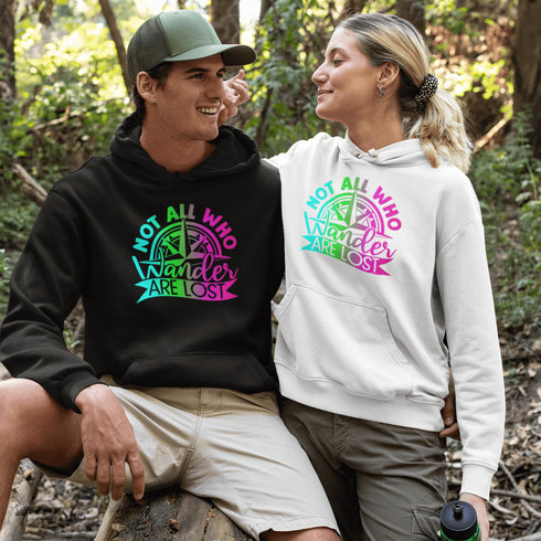 This hoodie features a stunning colorful gradient graphic that will make you stand out on your outdoor escapades. With the inspiring saying "Not All Who Wander Are Lost" emblazoned across the front, this hoodie is not just a piece of clothing, but a statement of your adventurous spirit and love for exploration.