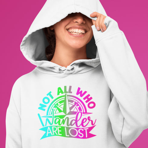 This hoodie features a stunning colorful gradient graphic that will make you stand out on your outdoor escapades. With the inspiring saying "Not All Who Wander Are Lost" emblazoned across the front, this hoodie is not just a piece of clothing, but a statement of your adventurous spirit and love for exploration.