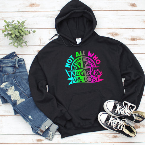This hoodie features a stunning colorful gradient graphic that will make you stand out on your outdoor escapades. With the inspiring saying "Not All Who Wander Are Lost" emblazoned across the front, this hoodie is not just a piece of clothing, but a statement of your adventurous spirit and love for exploration.