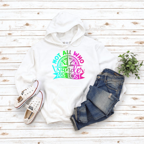 This hoodie features a stunning colorful gradient graphic that will make you stand out on your outdoor escapades. With the inspiring saying "Not All Who Wander Are Lost" emblazoned across the front, this hoodie is not just a piece of clothing, but a statement of your adventurous spirit and love for exploration.