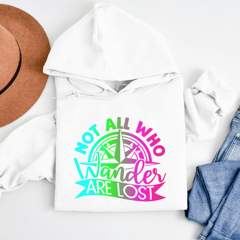 This hoodie features a stunning colorful gradient graphic that will make you stand out on your outdoor escapades. With the inspiring saying "Not All Who Wander Are Lost" emblazoned across the front, this hoodie is not just a piece of clothing, but a statement of your adventurous spirit and love for exploration.