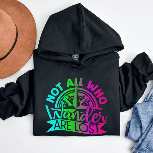 This hoodie features a stunning colorful gradient graphic that will make you stand out on your outdoor escapades. With the inspiring saying "Not All Who Wander Are Lost" emblazoned across the front, this hoodie is not just a piece of clothing, but a statement of your adventurous spirit and love for exploration.