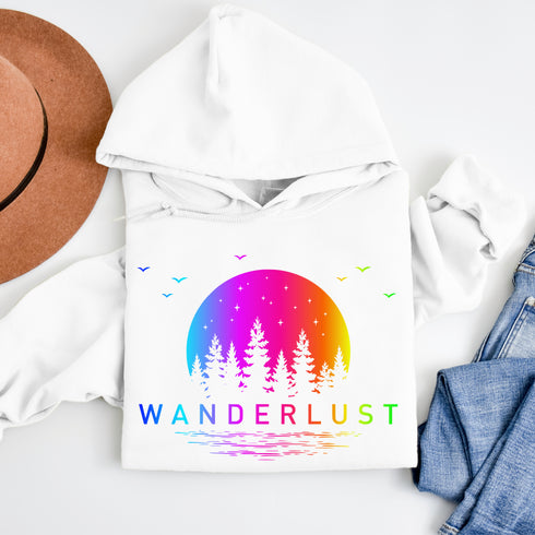 This hoodie features a vibrant and colorful gradient nature scene that will transport you to the great outdoors every time you wear it. The word "Wanderlust" emblazoned across the front serves as a reminder of your passion for exploration and the call of the wild.