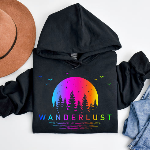 This hoodie features a vibrant and colorful gradient nature scene that will transport you to the great outdoors every time you wear it. The word "Wanderlust" emblazoned across the front serves as a reminder of your passion for exploration and the call of the wild.