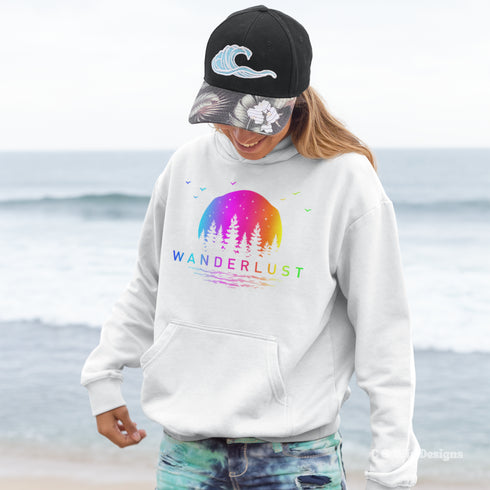 This hoodie features a vibrant and colorful gradient nature scene that will transport you to the great outdoors every time you wear it. The word "Wanderlust" emblazoned across the front serves as a reminder of your passion for exploration and the call of the wild.