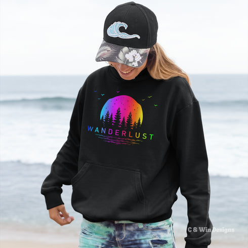 This hoodie features a vibrant and colorful gradient nature scene that will transport you to the great outdoors every time you wear it. The word "Wanderlust" emblazoned across the front serves as a reminder of your passion for exploration and the call of the wild.