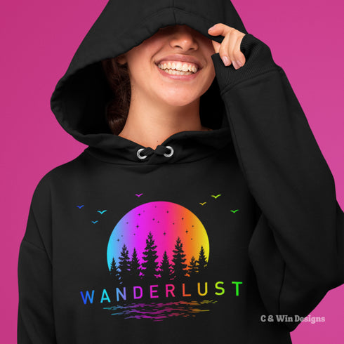 This hoodie features a vibrant and colorful gradient nature scene that will transport you to the great outdoors every time you wear it. The word "Wanderlust" emblazoned across the front serves as a reminder of your passion for exploration and the call of the wild.