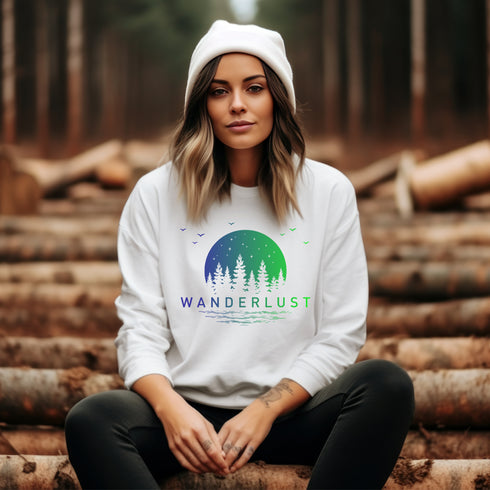 This crewneck features a vibrant and colorful gradient nature scene that will transport you to the great outdoors every time you wear it. The word "Wanderlust" emblazoned across the front serves as a reminder of your passion for exploration and the call of the wild.