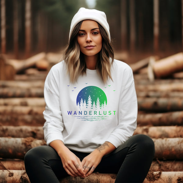 This crewneck features a vibrant and colorful gradient nature scene that will transport you to the great outdoors every time you wear it. The word "Wanderlust" emblazoned across the front serves as a reminder of your passion for exploration and the call of the wild.