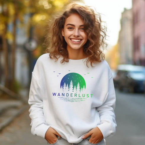 This crewneck features a vibrant and colorful gradient nature scene that will transport you to the great outdoors every time you wear it. The word "Wanderlust" emblazoned across the front serves as a reminder of your passion for exploration and the call of the wild.