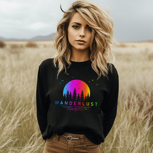 This crewneck features a vibrant and colorful gradient nature scene that will transport you to the great outdoors every time you wear it. The word "Wanderlust" emblazoned across the front serves as a reminder of your passion for exploration and the call of the wild.