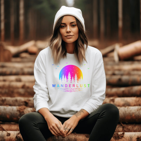 This crewneck features a vibrant and colorful gradient nature scene that will transport you to the great outdoors every time you wear it. The word "Wanderlust" emblazoned across the front serves as a reminder of your passion for exploration and the call of the wild.