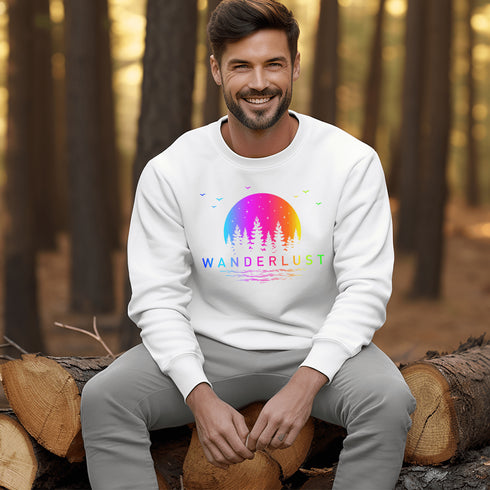 This crewneck features a vibrant and colorful gradient nature scene that will transport you to the great outdoors every time you wear it. The word "Wanderlust" emblazoned across the front serves as a reminder of your passion for exploration and the call of the wild.