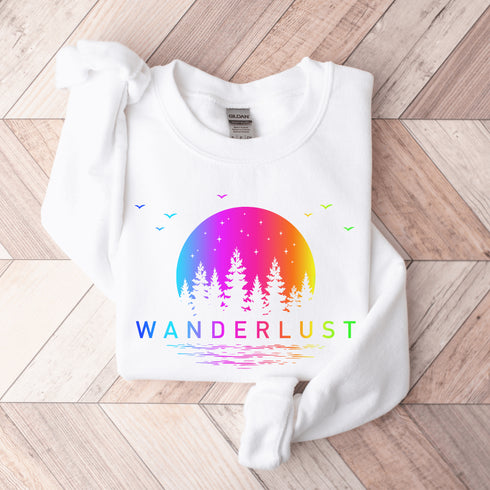 This crewneck features a vibrant and colorful gradient nature scene that will transport you to the great outdoors every time you wear it. The word "Wanderlust" emblazoned across the front serves as a reminder of your passion for exploration and the call of the wild.