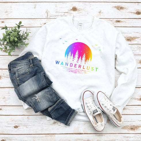 This crewneck features a vibrant and colorful gradient nature scene that will transport you to the great outdoors every time you wear it. The word "Wanderlust" emblazoned across the front serves as a reminder of your passion for exploration and the call of the wild.
