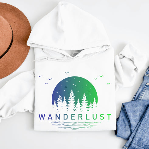 This hooded sweatshirt features a vibrant and colorful gradient nature scene that will transport you to the great outdoors every time you wear it. The word "Wanderlust" emblazoned across the front serves as a reminder of your passion for exploration and the call of the wild.