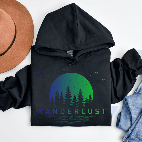 This hooded sweatshirt features a vibrant and colorful gradient nature scene that will transport you to the great outdoors every time you wear it. The word "Wanderlust" emblazoned across the front serves as a reminder of your passion for exploration and the call of the wild.