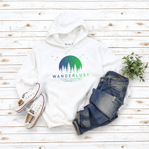 This hooded sweatshirt features a vibrant and colorful gradient nature scene that will transport you to the great outdoors every time you wear it. The word "Wanderlust" emblazoned across the front serves as a reminder of your passion for exploration and the call of the wild.