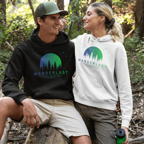 This hooded sweatshirt features a vibrant and colorful gradient nature scene that will transport you to the great outdoors every time you wear it. The word "Wanderlust" emblazoned across the front serves as a reminder of your passion for exploration and the call of the wild.