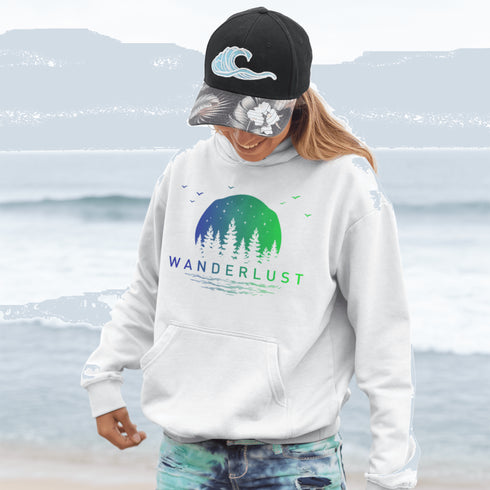 This hooded sweatshirt features a vibrant and colorful gradient nature scene that will transport you to the great outdoors every time you wear it. The word "Wanderlust" emblazoned across the front serves as a reminder of your passion for exploration and the call of the wild.