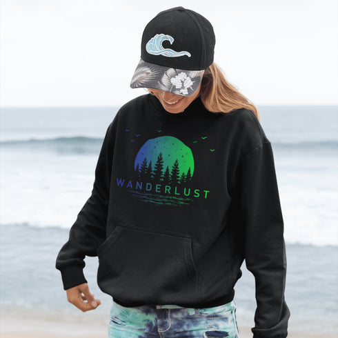 This hooded sweatshirt features a vibrant and colorful gradient nature scene that will transport you to the great outdoors every time you wear it. The word "Wanderlust" emblazoned across the front serves as a reminder of your passion for exploration and the call of the wild.