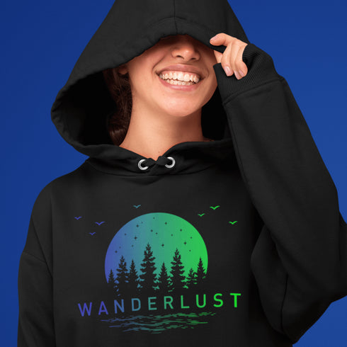 This hooded sweatshirt features a vibrant and colorful gradient nature scene that will transport you to the great outdoors every time you wear it. The word "Wanderlust" emblazoned across the front serves as a reminder of your passion for exploration and the call of the wild.