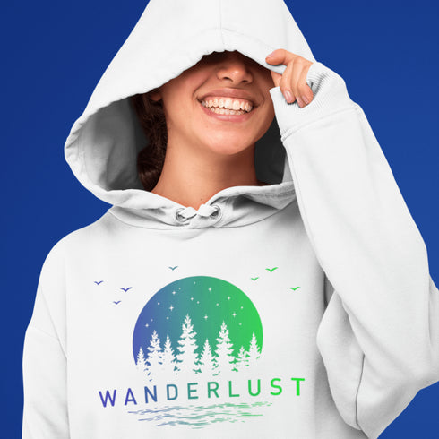 This hooded sweatshirt features a vibrant and colorful gradient nature scene that will transport you to the great outdoors every time you wear it. The word "Wanderlust" emblazoned across the front serves as a reminder of your passion for exploration and the call of the wild.