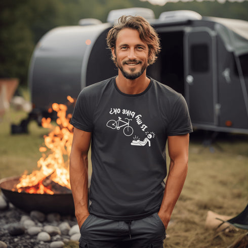 This hilarious design features a stick man in a classic bike fail moment - falling off a bike with a flat tire, all while asking the important question upside down.