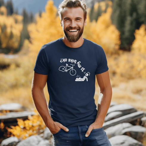 This hilarious design features a stick man in a classic bike fail moment - falling off a bike with a flat tire, all while asking the important question upside down.