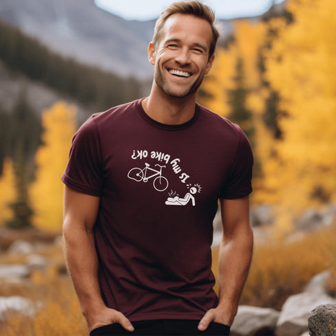 This hilarious design features a stick man in a classic bike fail moment - falling off a bike with a flat tire, all while asking the important question upside down.