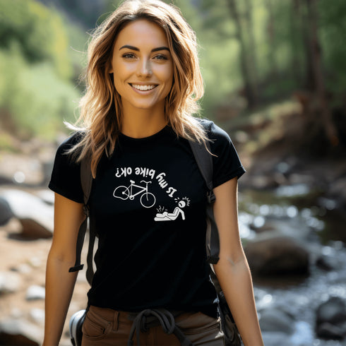 This hilarious design features a stick man in a classic bike fail moment - falling off a bike with a flat tire, all while asking the important question upside down.