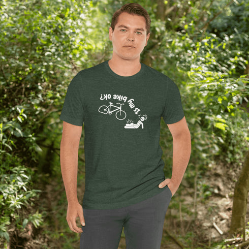 This hilarious design features a stick man in a classic bike fail moment - falling off a bike with a flat tire, all while asking the important question upside down.