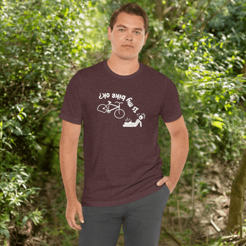 This hilarious design features a stick man in a classic bike fail moment - falling off a bike with a flat tire, all while asking the important question upside down.