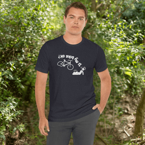 This hilarious design features a stick man in a classic bike fail moment - falling off a bike with a flat tire, all while asking the important question upside down.