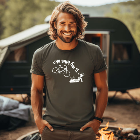 This hilarious design features a stick man in a classic bike fail moment - falling off a bike with a flat tire, all while asking the important question upside down.