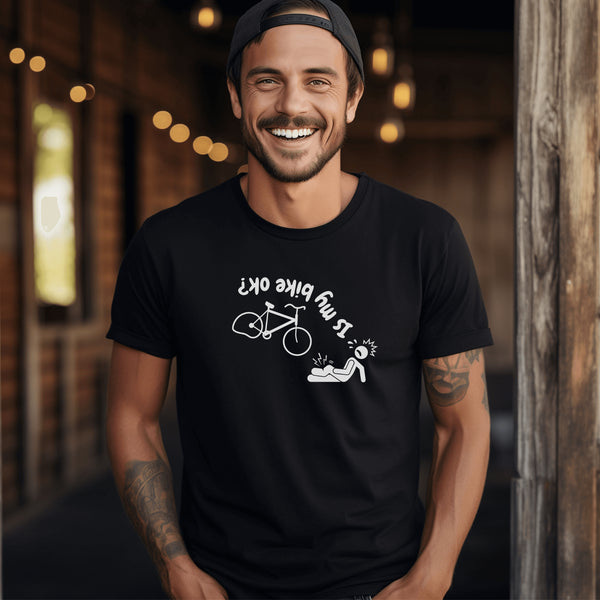 This hilarious design features a stick man in a classic bike fail moment - falling off a bike with a flat tire, all while asking the important question upside down.