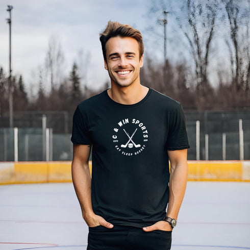 Introducing our Eat Sleep Hockey t-shirt, the perfect addition to any hockey enthusiast's wardrobe! Made with high-quality, comfortable materials, this shirt is designed for both style and durability.