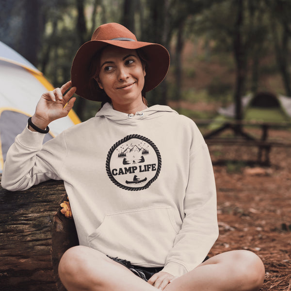 This hoodie features a delightful camping scene with adorable bears roasting marshmallows and rowing a canoe, all with the saying "Camp life” printed on it.