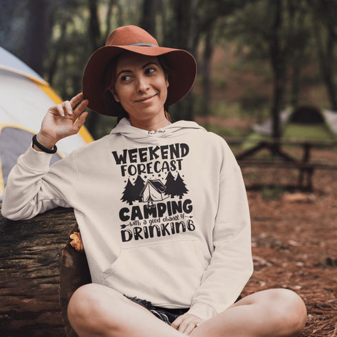 Introducing our latest gender neutral hoodie, perfect for any camping enthusiast! This cozy hoodie features a hilarious camping graphic and the saying "Weekend Forecast - Camping With A Good Chance Of Drinking" - because let's be real, what's a camping trip without a little indulgence?