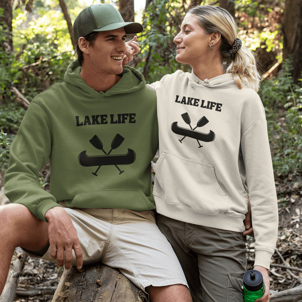 Introducing our new gender-neutral hoodie featuring a canoe graphic and the phrase "Lake Life".