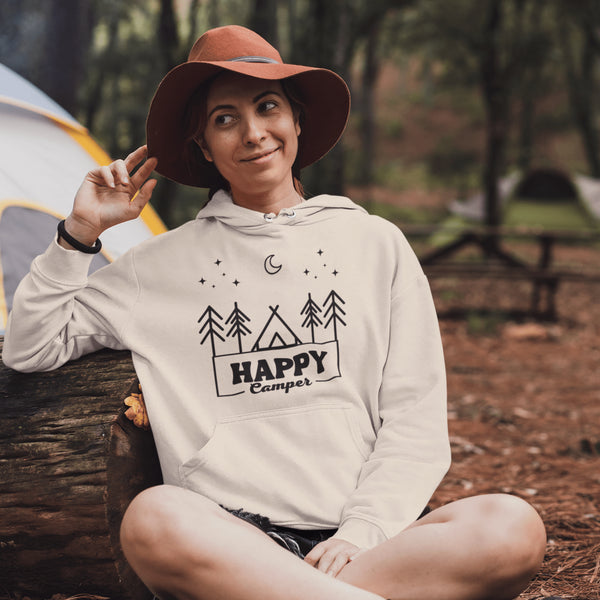 Introducing our gender neutral hoodie with the fun and adventurous saying "Happy Camper" and a camp themed graphic.