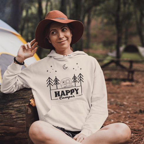 Introducing our gender neutral hoodie with the fun and adventurous saying "Happy Camper" and a camp themed graphic.