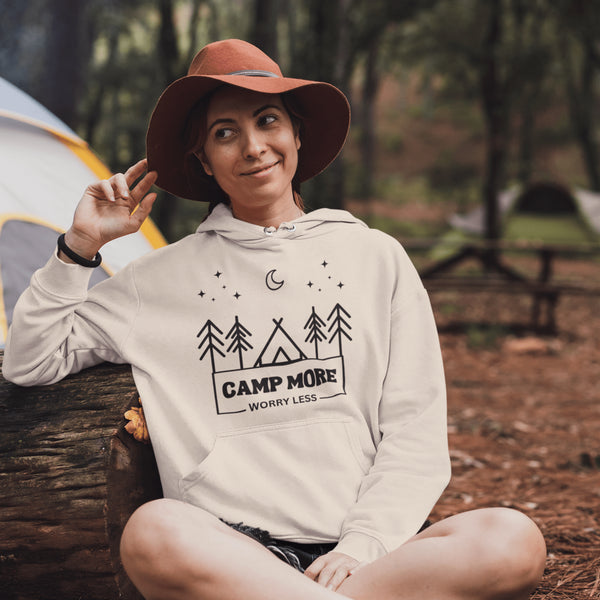 Featuring a camping graphic and the uplifting phrase "Camp More Worry Less," this hoodie is both stylish and practical. Made with high-quality materials, it's soft, comfortable, and built to last.